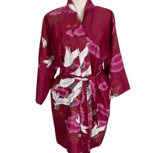 Maruky Kyoto Tokyo Robe Women 35in Burgundy Crane‎ Cloud Asian Kimono Wrap 70s